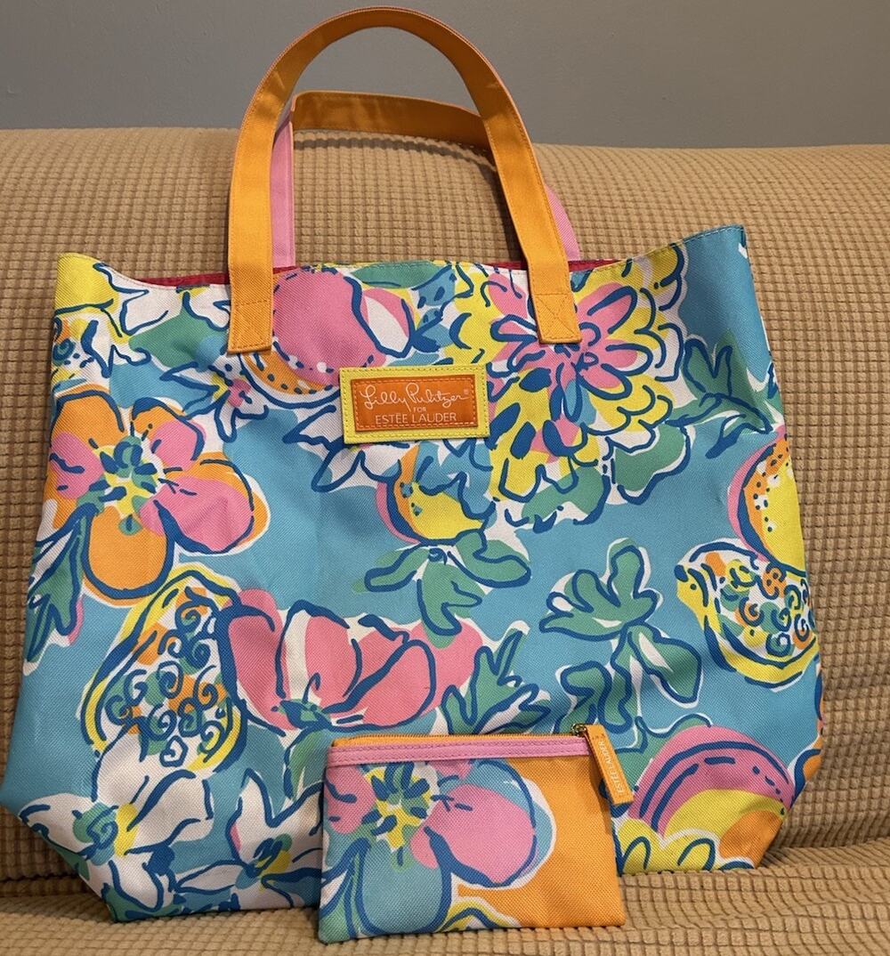 New Lilly Pulitzer Estee Lauder Tote Weekender Beach Bag Nylon Floral Wallet